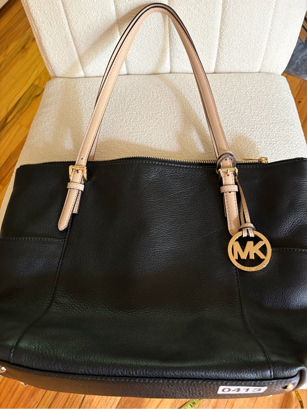 Michael Kors Black Leather Shoulder Tote with Beige Straps